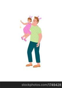 Happy father and daughter celebrating easter flat color vector detailed characters. Dad, child in bunny ears. Spring holiday isolated cartoon illustration for web graphic design and animation. Happy father and daughter celebrating easter flat color vector detailed characters