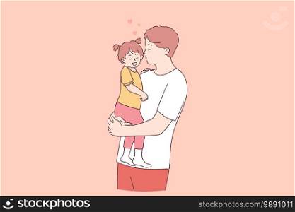 Happy father and daughter concept. Young positive father cartoon character holding little daughter on hands and kissing her with love and tender vector illustration . Happy father and daughter concept