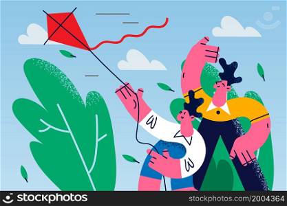 Happy father and kid throw in air paper kite outdoor. Loving smiling dad play with small child engaged in funny game in park together. Family weekend, entertainment. Flat vector illustration. . Smiling dad and child play with paper kite