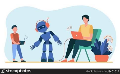 Happy father and son playing with robot. Laptop, kid, cyborg flat vector illustration. Robotics and digital technology concept for banner, website design or landing web page