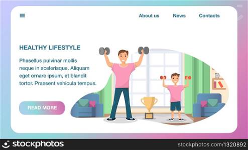 Happy Father and Son Standing Training Home Sport. Horizontal Banner Image Healthy Lifestyle. Man and Child Raising his Hand Up with Dumbbell. Physical Hand Strength Exercises. Champion Cup