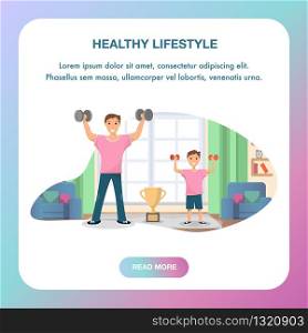 Happy Father and Son Standing Training Home Sport. Square Banner Image Healthy Lifestyle. Man and Child Raising his Hand Up with Dumbbell. Physical Hand Strength Exercises. Champion Cup