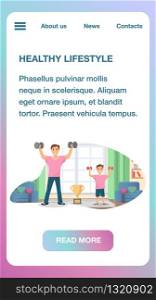 Happy Father and Son Standing Training Home Sport. Vertical Banner Image Healthy Lifestyle. Man and Child Raising his Hand Up with Dumbbell. Physical Hand Strength Exercises. Champion Cup