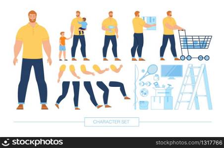 Happy Father Character Constructor Trendy Flat Design Elements Set Isolated on White. Man with Kids in Various Poses, Body Parts, Emotion Face Expressions, Sport Equipment, Home Tools Illustrations