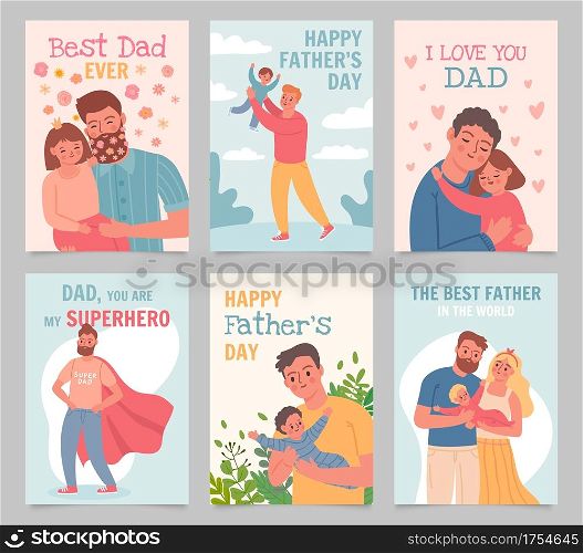 Happy father day. Gift cards with fathers and kids. Man hug daughter, play with son and baby. Superhero dad, best father poster vector set. Illustration day dad, happy father love with child. Happy father day. Gift cards with fathers and kids. Man hug daughter, play with son and baby. Superhero dad, best father poster vector set