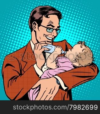 Happy father feeding newborn baby with milk pop art retro style. The family and the child. The birth of a son or daughter. Happy father feeding newborn baby with milk