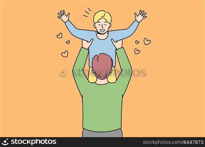 Happy father holding in arms playing with excited small son. Loving dad have fun on weekend with smiling child. Fatherhood and parenthood. Vector illustration.. Happy father playing with small son