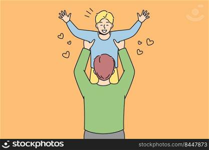 Happy father holding in arms playing with excited small son. Loving dad have fun on weekend with smiling child. Fatherhood and parenthood. Vector illustration.. Happy father playing with small son