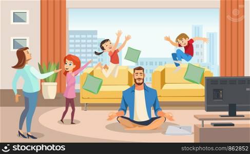 Happy father in lotus position surrounded family. Home relax concept with fun cartoon characters. Vector illuctration of parent and children at living room modern interior.