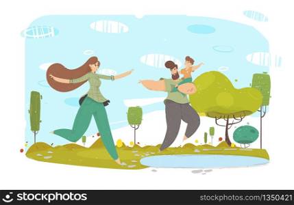 Happy Father, Mother and Kid near Lake Cartoon. Craft Family Rest on Nature. Forest with Meadow. Natural Landscape and Smiling Funny People Characters. Leisure and Recreation. Vector Flat Illustration. Happy Father, Mother and Kid near Lake Cartoon