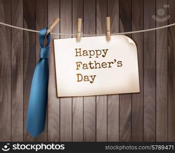 Happy Father&rsquo;s Day background with a blue tie on a wooden backdrop. Vector.