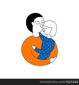 Happy Father&rsquo;s Day. Dad holds his daughter on his shoulders. Doodle vector illustration on a white background. It can be used for card, logo, sticker.