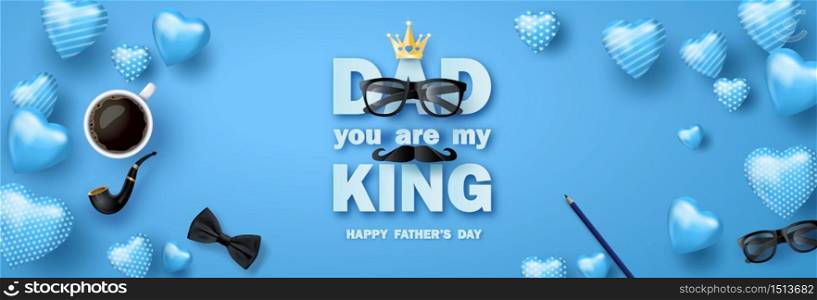 Happy Father&rsquo;s Day greeting card , poster or banner with icon decoration. Includes mustache, neck tie,glasses.