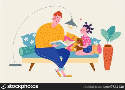 Happy father&rsquo;s day. Vector greeting card. Dad and daughter are sitting on the couch. Dad reads a book to his daughter. The girl is holding a toy bear.. Happy father&rsquo;s day. Vector illustration, greeting card.