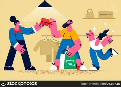 Happy father with child shopping in store paying with credit or debit card. Smiling dad make purchase buy with excited small kid in offline shop use banking service. Flat vector illustration. . Happy father shopping with kid pay with credit card