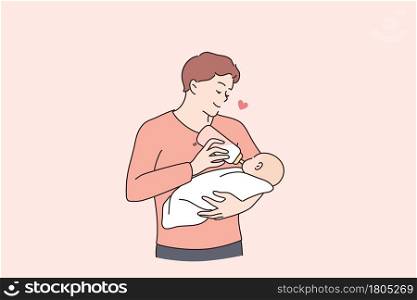 Happy fatherhood and childhood concept. Young father holding his little baby drinking milk from bottle in father hands feeling love and care vector illustration . Happy fatherhood and childhood concept.
