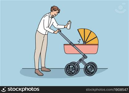 Happy fatherhood and communication with baby concept. Young smiling man father cartoon character walking with stroller and newborn baby inside vector illustration . Happy fatherhood and communication with baby concept.