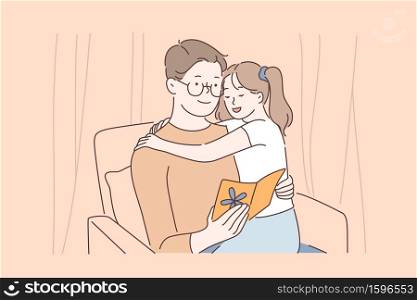 Happy fatherhood, strong father and daughter relationships, family love and tenderness concept. Little girl hugging daddy and greeting with fathers day, dad and kid together. Simple flat vector. Happy fatherhood, strong father and daughter relationships, family love and tenderness concept