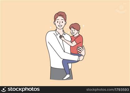 Happy fathers day and childhood concept. Smiling positive man parent dad standing and holding his smiling son child on hands vector illustration . Happy fathers day and childhood concept