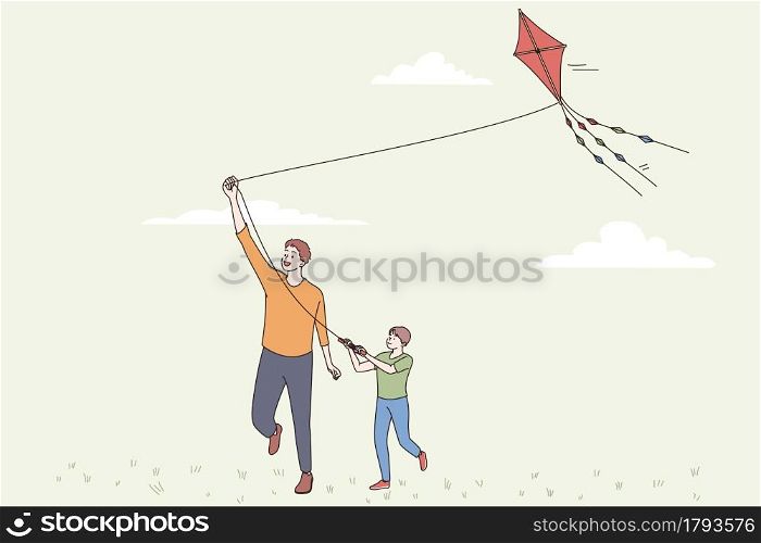 Happy fathers day and leisure concept. Smiling positive man parent dad and his son playing with flying kite together outdoors on sunny summer day vector illustration . Happy fathers day and leisure concept