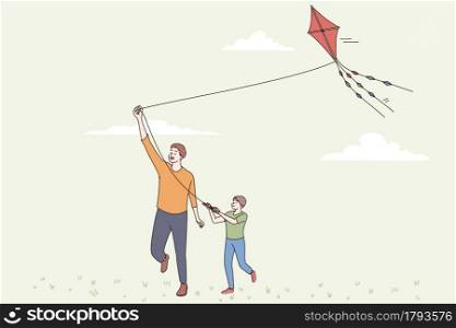 Happy fathers day and leisure concept. Smiling positive man parent dad and his son playing with flying kite together outdoors on sunny summer day vector illustration . Happy fathers day and leisure concept