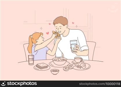 Happy Fathers day, spending time with children concept. Smiling happy young man father and his small daughter sitting and having breakfast together at home in kitchen illustration . Happy Fathers day, spending time with children concept