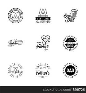 Happy Fathers Day. vector hand lettering. 9 Black Calligraphy illustration for greeting card. festival poster etc.  Editable Vector Design Elements