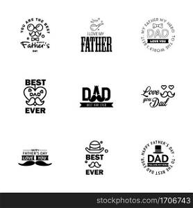 Happy Fathers Day. vector hand lettering. 9 Black Calligraphy illustration for greeting card. festival poster etc.  Editable Vector Design Elements
