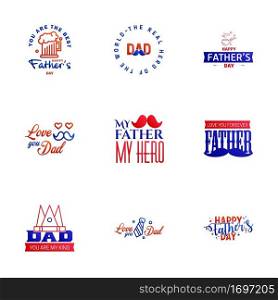 Happy Fathers Day. vector hand lettering. 9 Blue and red Calligraphy illustration for greeting card. festival poster etc. Editable Vector Design Elements
