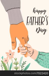 Happy Fathers Day. Vector illustration. Man holds the hand of child. Design element for card, poster, banner, flyer and other use.. Happy Fathers Day. Vector illustration. Man holds the hand of child.