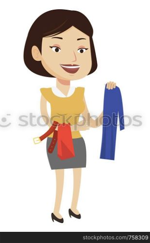Happy female customer buying clothes at store. Caucasian woman choosing clothes in shop. Young cheerful woman shopping in clothing shop. Vector flat design illustration isolated on white background.. Young woman choosing clothes in shop.