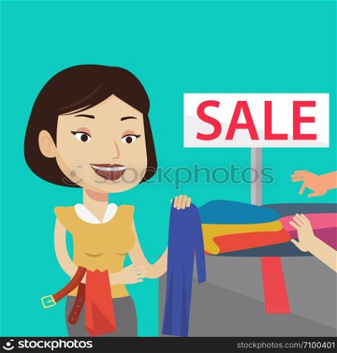 Happy female customer buying clothes at store on sale. Caucasian woman choosing clothes in shop on sale. Young girl shopping in clothing shop on sale. Vector flat design illustration. Square layout.. Young woman choosing clothes in shop on sale.