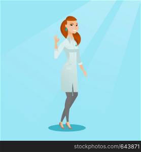 Happy female doctor in medical gown showing ok sign. Smiling doctor gesturing ok sign. Young joyful caucasian doctor with ok sign gesture. Vector flat design illustration. Square layout.. Doctor showing ok sign vector illustration.