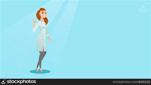 Happy female doctor in medical gown showing ok sign. Smiling doctor gesturing ok sign. Young joyful caucasian doctor with ok sign gesture. Vector flat design illustration. Horizontal layout.. Doctor showing ok sign vector illustration.