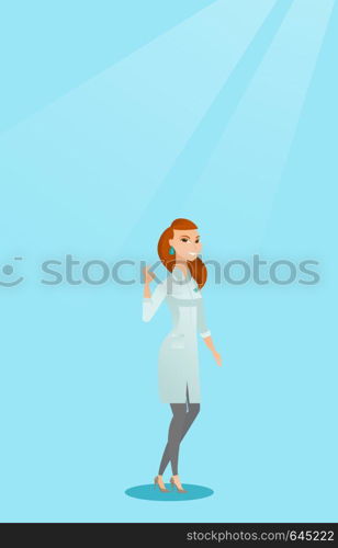 Happy female doctor in medical gown showing ok sign. Smiling doctor gesturing ok sign. Young joyful caucasian doctor with ok sign gesture. Vector flat design illustration. Vertical layout.. Doctor showing ok sign vector illustration.