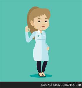 Happy female doctor in medical gown showing ok sign. Smiling doctor gesturing ok sign. Young caucasian doctor with ok sign gesture. Vector flat design illustration. Square layout.. Doctor showing ok sign vector illustration.