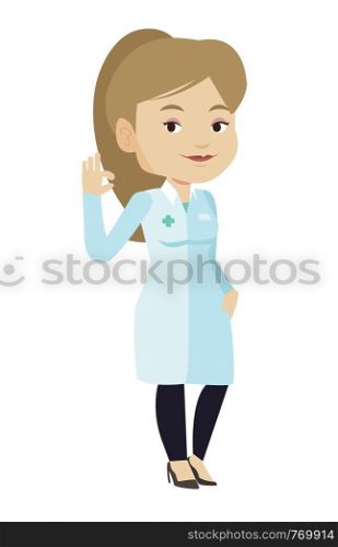 Happy female doctor in medical gown showing ok sign. Smiling doctor gesturing ok sign. Young caucasian doctor with ok sign gesture. Vector flat design illustration isolated on white background.. Doctor showing ok sign vector illustration.