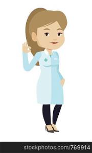 Happy female doctor in medical gown showing ok sign. Smiling doctor gesturing ok sign. Young caucasian doctor with ok sign gesture. Vector flat design illustration isolated on white background.. Doctor showing ok sign vector illustration.