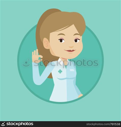 Happy female doctor in medical gown showing ok sign. Smiling doctor gesturing ok sign. Young caucasian doctor with ok sign gesture. Vector flat design illustration in the circle isolated on background. Doctor showing ok sign vector illustration.