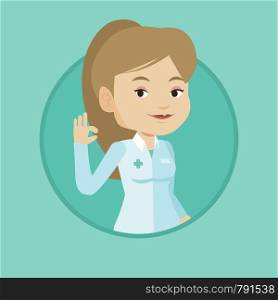 Happy female doctor in medical gown showing ok sign. Smiling doctor gesturing ok sign. Young caucasian doctor with ok sign gesture. Vector flat design illustration in the circle isolated on background. Doctor showing ok sign vector illustration.