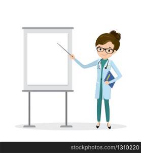 Happy female doctor presenting,medical seminar,place for text,isolated on white background,flat vecot illustration