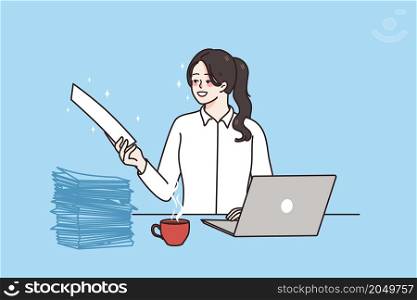 Happy female employee working on laptop in office with paperwork excited with good financial result in report. Smiling businesswoman busy at computer hand document. Flat vector illustration. . Smiling female employee work on computer with paperwork