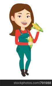 Happy female farmer holding a corn cob. Smiling caucasian female farmer collecting corn. Female farmer standing with a corn cob in hands. Vector flat design illustration isolated on white background.. Farmer collecting corn vector illustration.