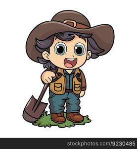 Happy female farmer working hard character illustration in doodle style isolated on background