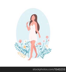 Happy female flat color vector faceless character. Wellness and wellbeing. Woman relaxation. Self love. Women healthcare isolated cartoon illustration for web graphic design and animation. Happy female flat color vector faceless character