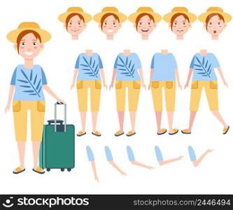 Happy female tourist in sun hat with luggage character set with different poses, emotions, gestures. Parts of body. Can be used for topics like travel, vacation, journey
