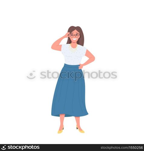 Happy female with glasses flat color vector detailed character. Smiling woman. Good eyesight. Excited corporate worker isolated cartoon illustration for web graphic design and animation. Happy female with glasses flat color vector faceless character