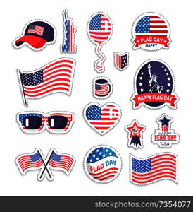 Happy flag day icons set color vector illustration isolated on white backdrop USA national symbols, cap sunglasses stickers cup and liberty statue. Happy Flag Day Icons Set Color Vector Illustration