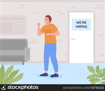 Happy for job offer flat color vector illustration. Happy employee in office after interview. Accepted for work position. Excited man 2D cartoon characters with office interior on background. Happy for job offer flat color vector illustration