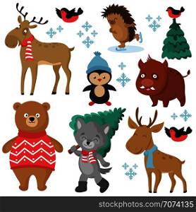 Happy forest animals in winter and christmas trees isolated on white background vector set. Forest animal bird and wolf, boar and elk, character christmas cartoon illustration. Happy forest animals in winter and christmas trees isolated on white background vector set